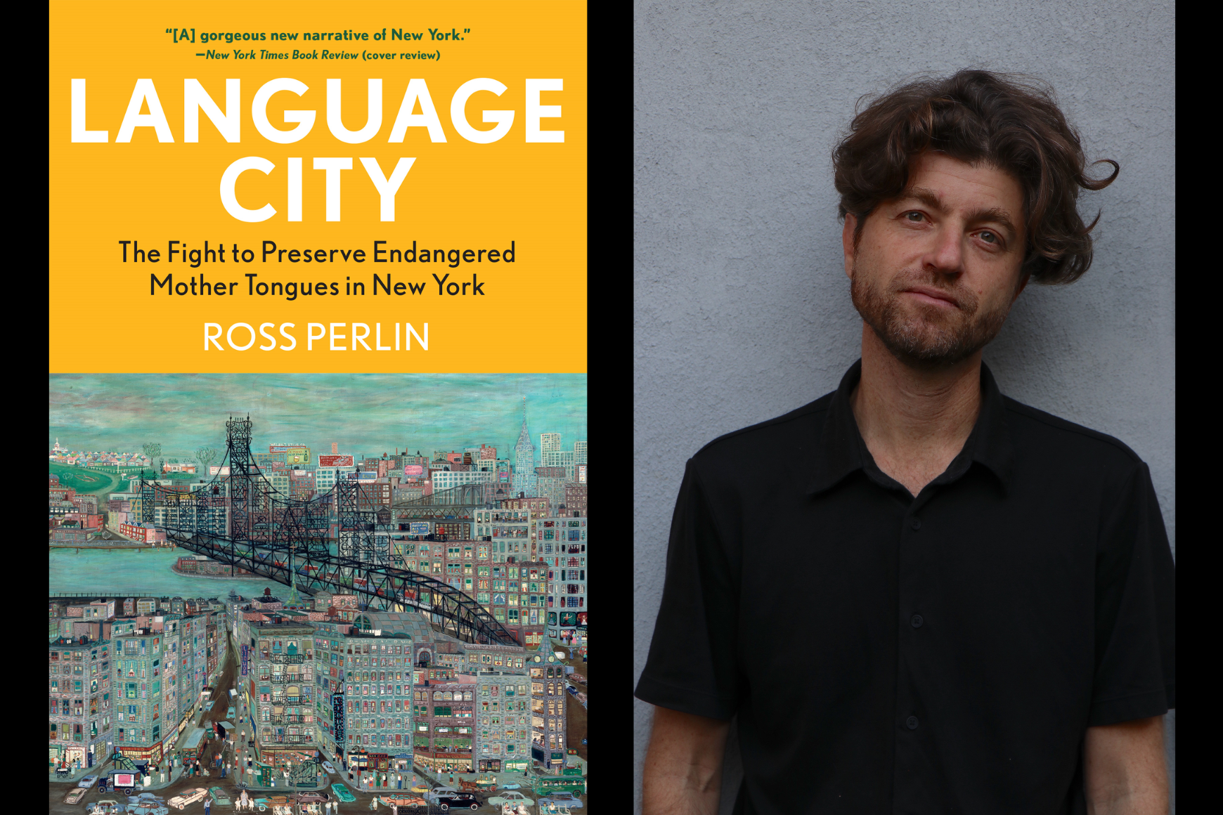 A book cover entitled Language City next to a man smiling 